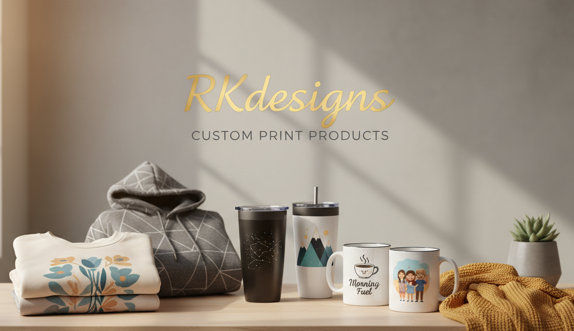 image for online store front for custom print shirts, sweaters, tumblers, and mugs. Our business name is (RKdesigns)